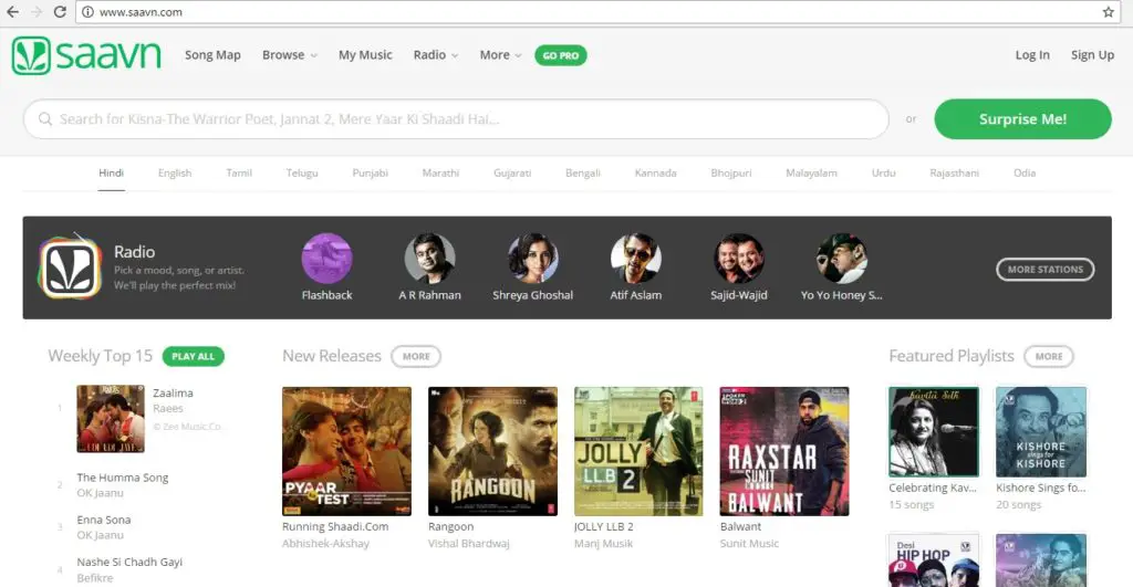 Sitio web de descarga de canciones de Bollywood Saavn
