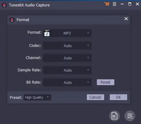 configuración de captura de audio de tuneskit