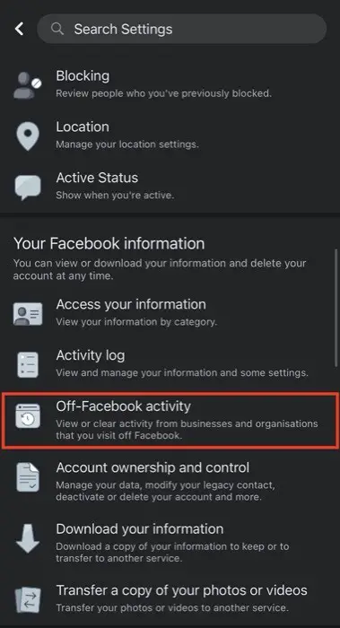 Desactivar la actividad fuera de Facebook (aplicación)