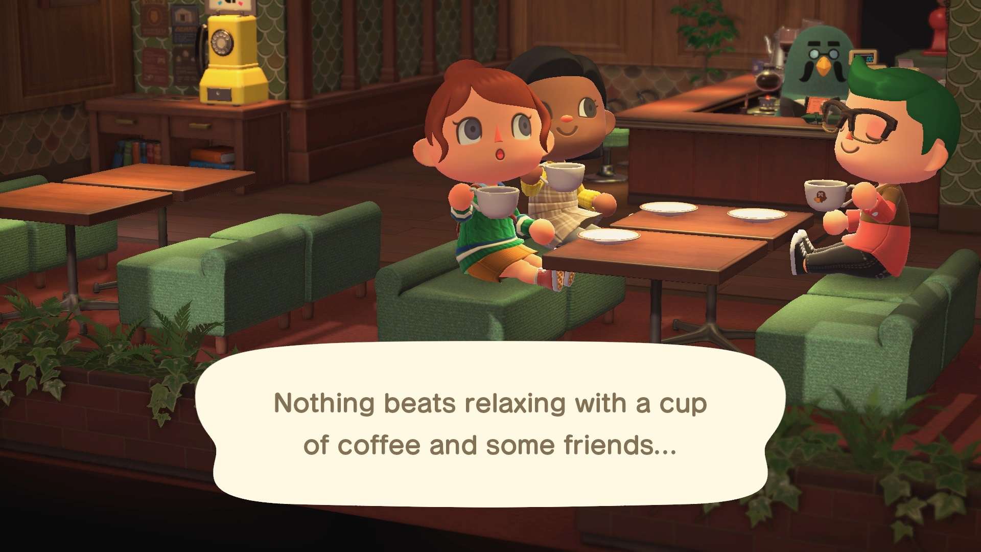 Los isleños disfrutan de un café en Brewsters en Animal Crossing: New Horizons para Nintendo Switch