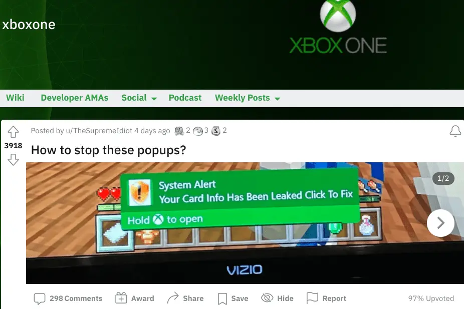 Una captura de pantalla de una notificación de spam en Xbox One.