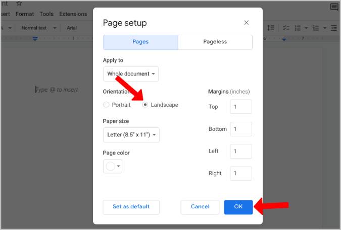 Configuración de página a paisaje en Google Docs