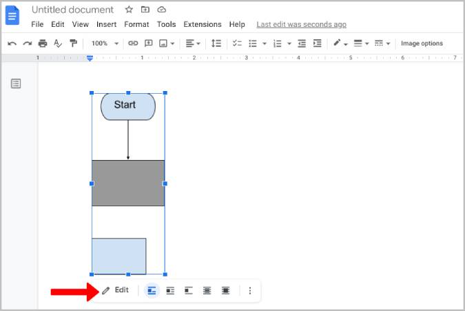 Opción de edición del diagrama de flujo de dibujo de Google en Google Docs